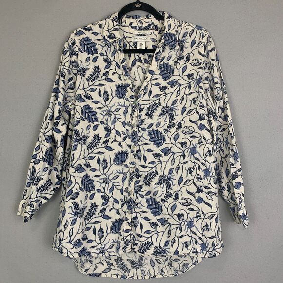 Rachel Zoe 100% Linen Blue White Floral Button Down Shirt Blouse Top Medium - Picture 1 of 7